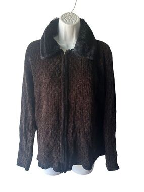 Mac & Jac Brown Textured Zip Jacket M Black Faux Fur Collar Removable Cozy